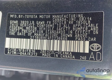 2015 Toyota Corolla Le из США, поврежденный, VIN 2T1BURHE4FC236666